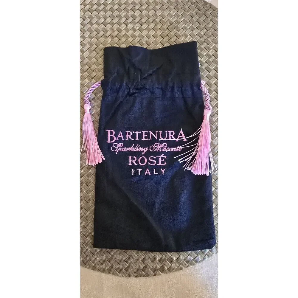 Bartenura Sparkling Moscato Rose Italy Velvet Feel Drawstring Bag Pink/black NWT
